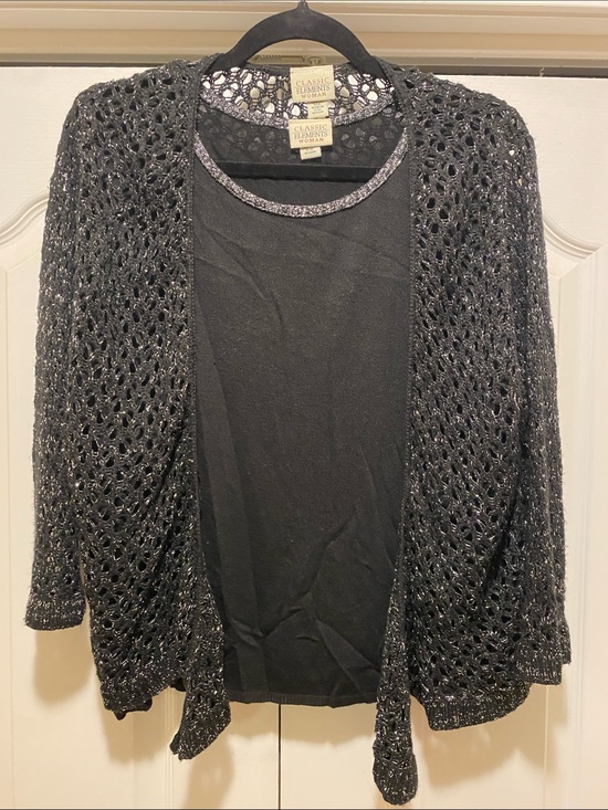 Classic Elements Sweaters - Classic Elements Black Open-Weave Metallic Thread Cardigan with Blouse.